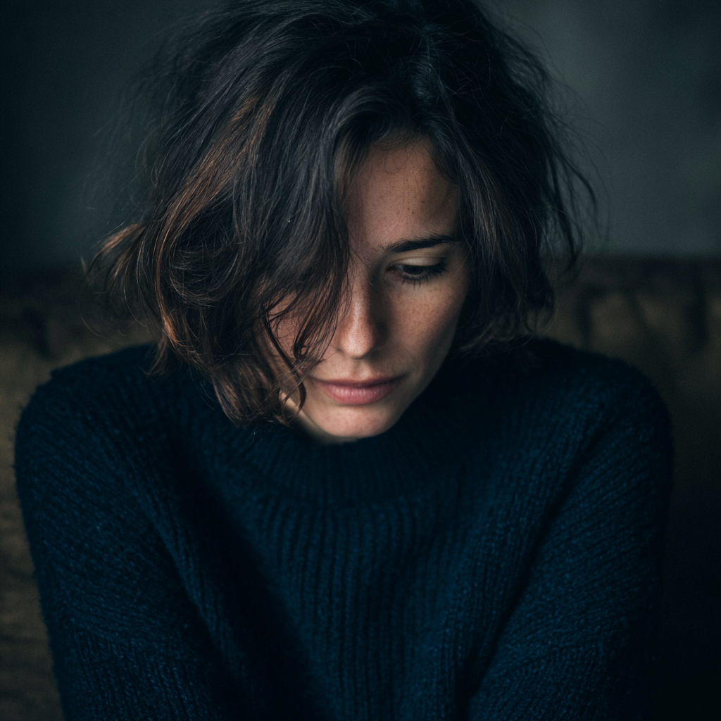 Una mujer emocional sentada en un sofá | Fuente: Midjourney
