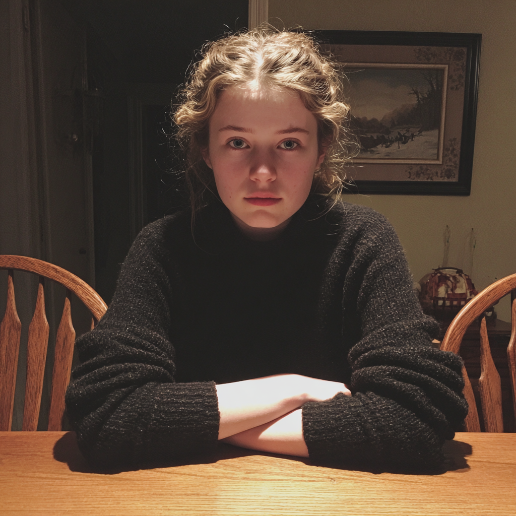 Una adolescente sentada a la mesa | Fuente: Midjourney