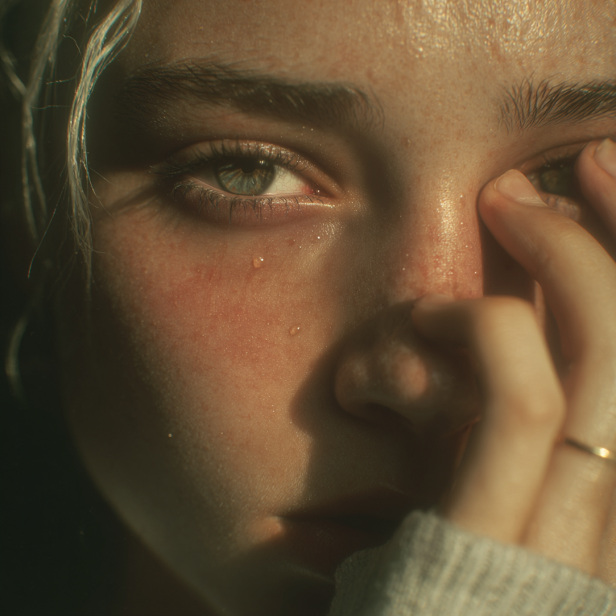 Una mujer conteniendo las lágrimas | Fuente: Midjourney