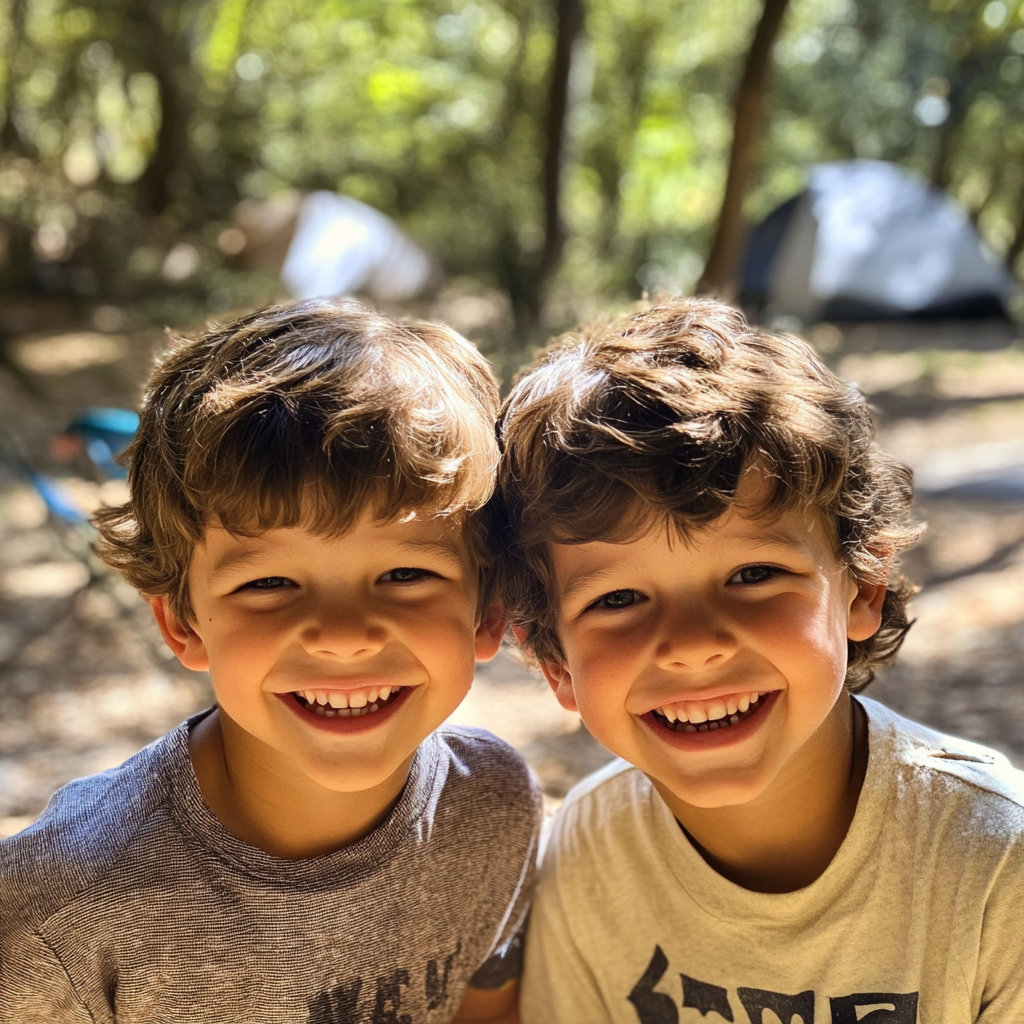 Niños gemelos en un campamento | Fuente: Midjourney