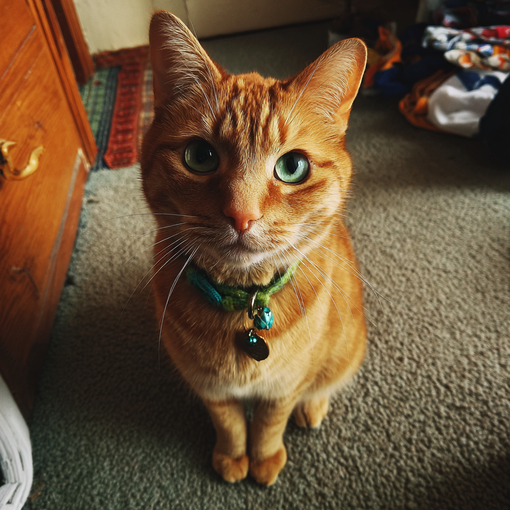 Un gato pelirrojo con collar verde | Fuente: Midjourney