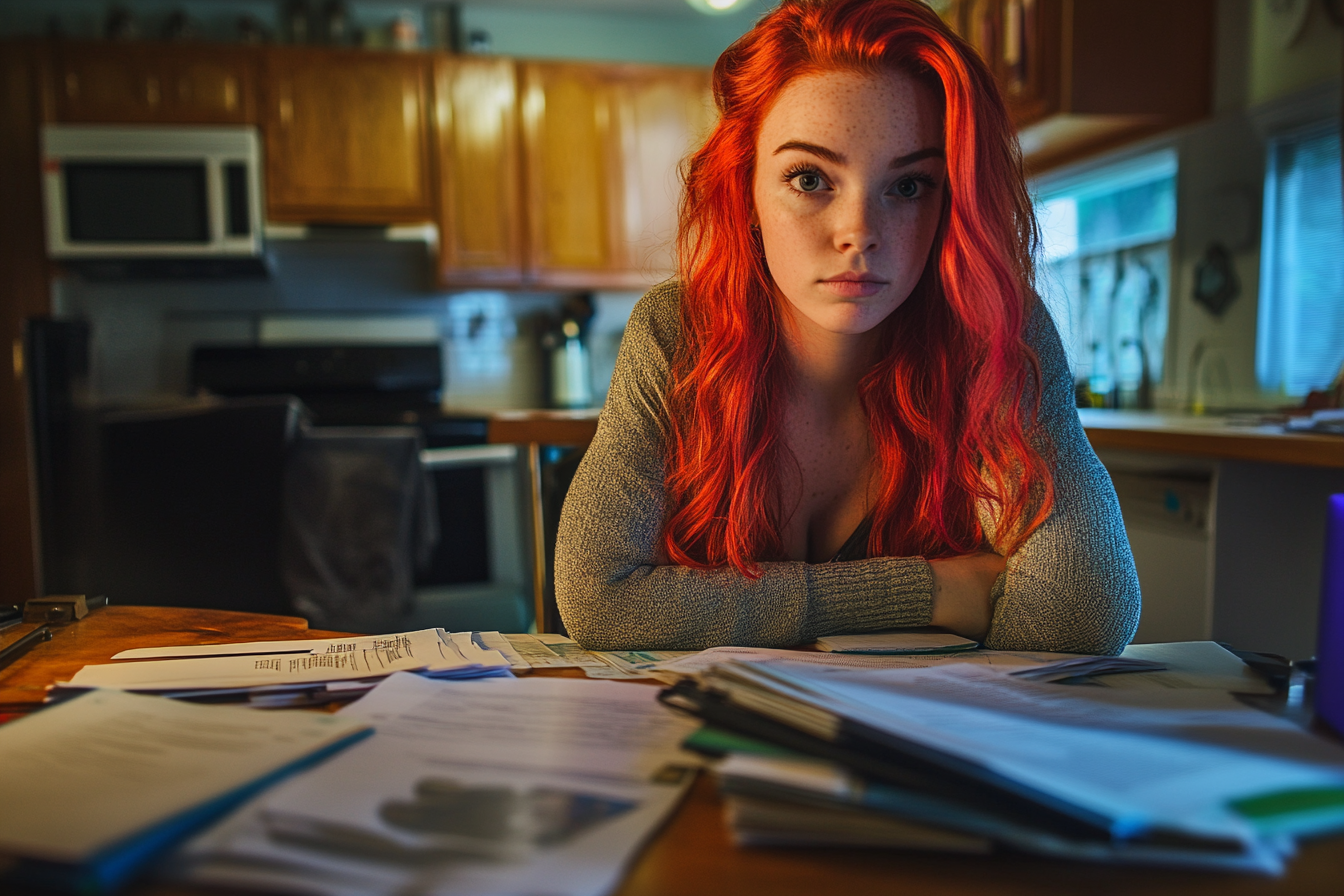 Una mujer sentada a la mesa | Fuente: Midjourney