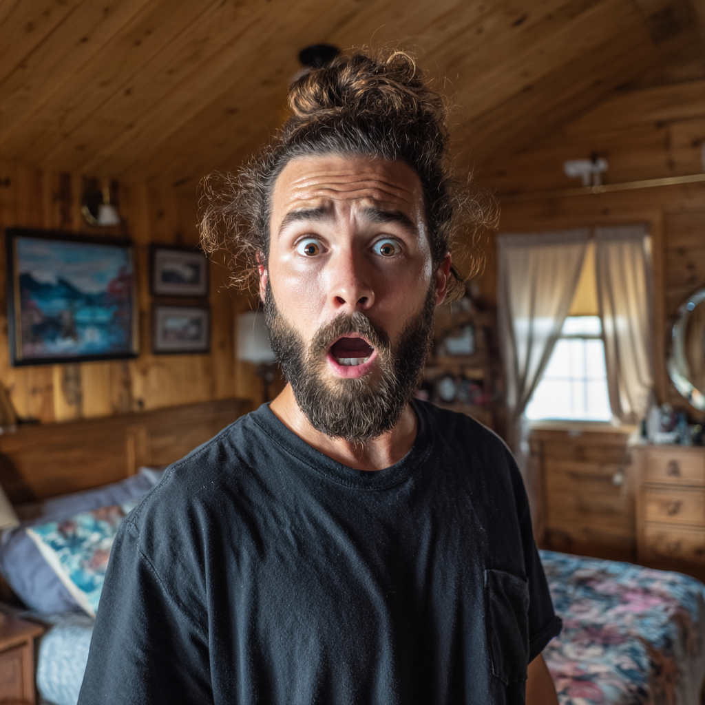 Un hombre conmocionado en el dormitorio de una cabaña | Fuente: Midjourney