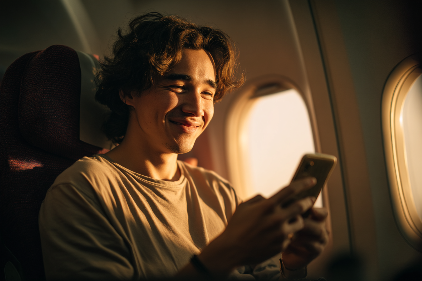 Un hombre sonriendo mientras mira su teléfono | Fuente: Midjourney