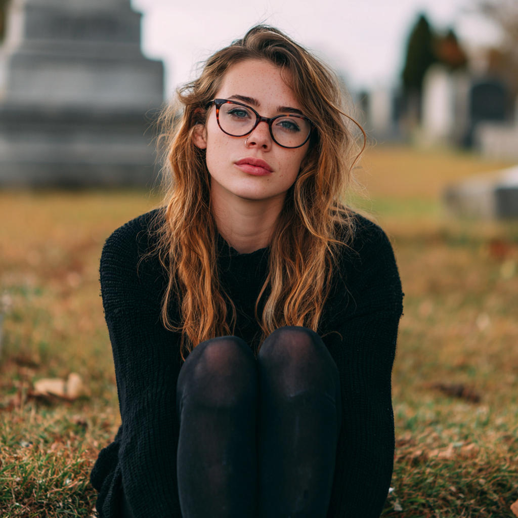 Una mujer sentada en un cementerio | Fuente: Midjourney
