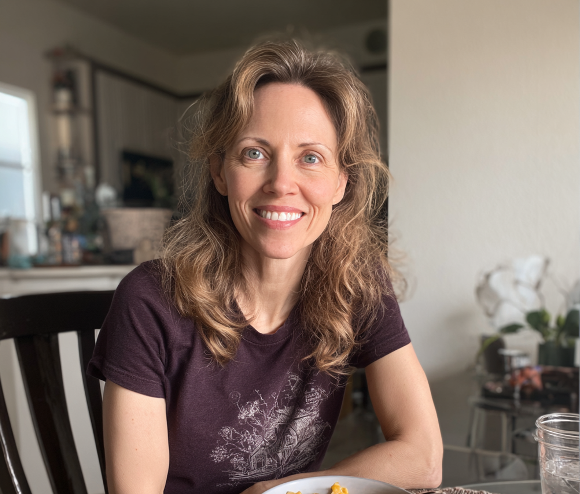 Una mujer sonriente sentada a una mesa | Fuente: Midjourney