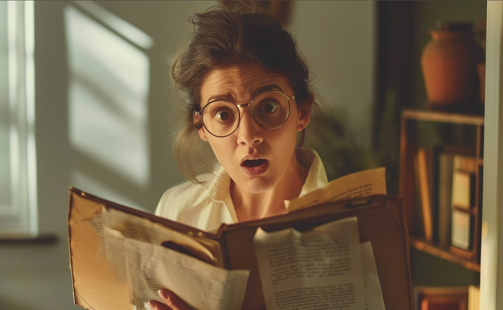 Una mujer sorprendida sujetando un archivo | Fuente: Midjourney