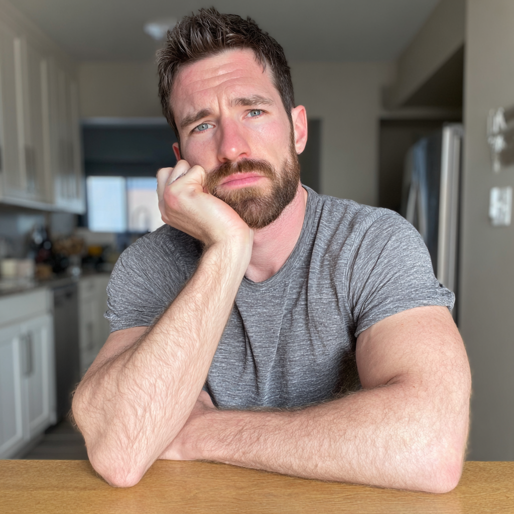 Un hombre pensativo sentado a la mesa de la cocina | Fuente: Midjourney