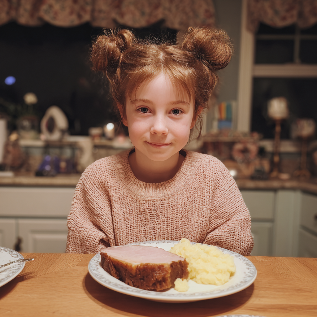 Una niña sonriente sentada a la mesa de la cocina | Fuente: Midjourney