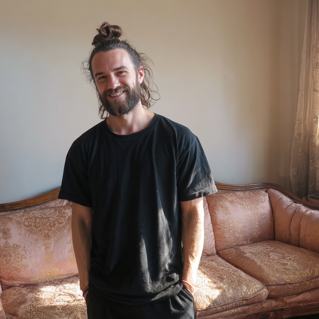 Un hombre de pie delante de un sofá | Fuente: Midjourney