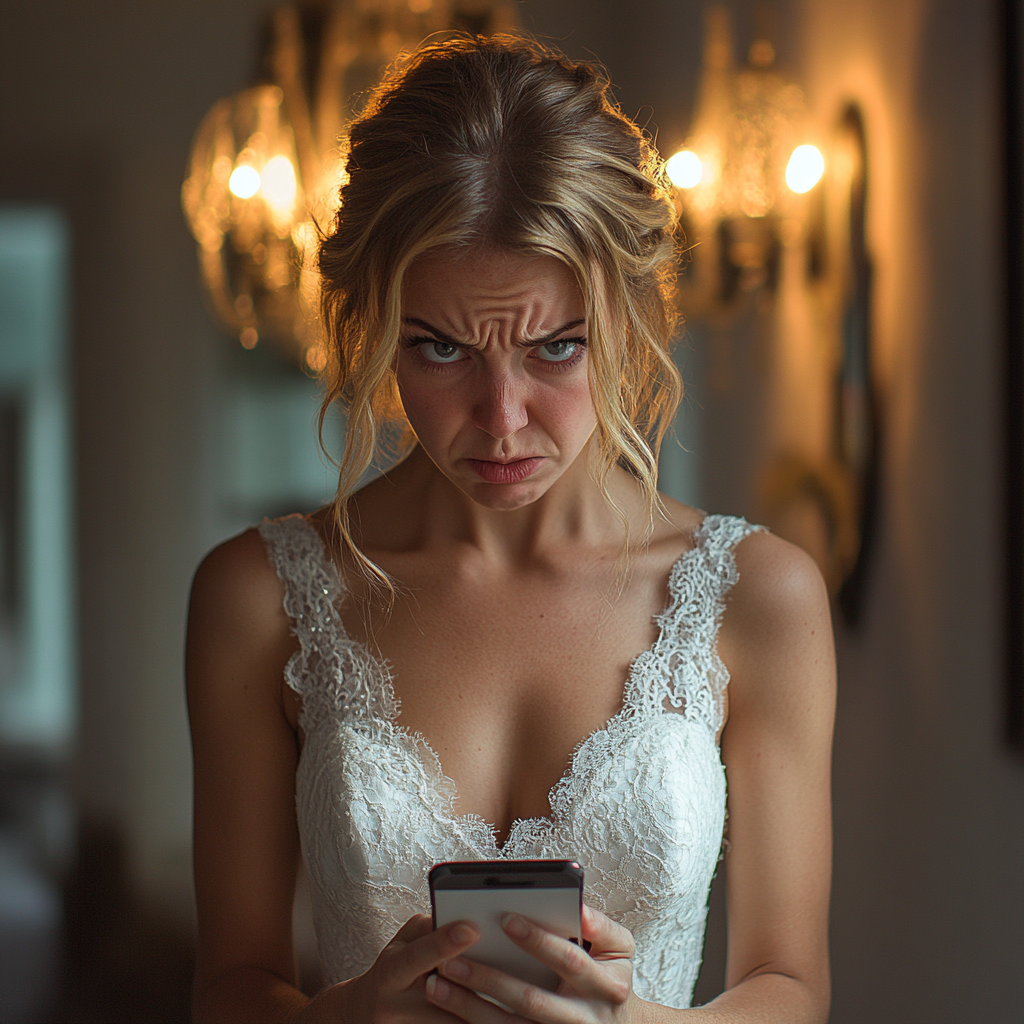 Una novia enfadada sujetando su teléfono | Fuente: Midjourney