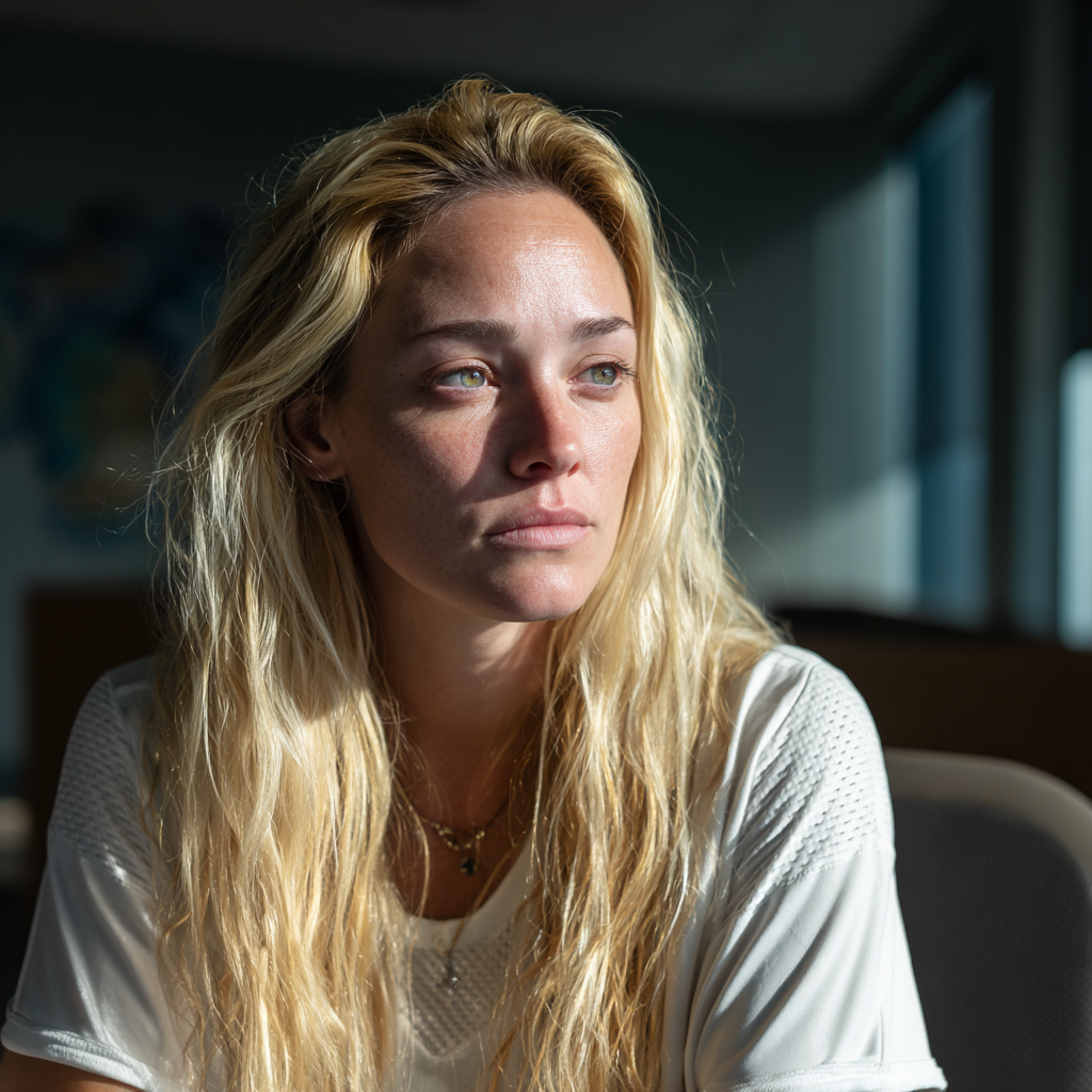 Una mujer pensativa sentada en un despacho | Fuente: Midjourney