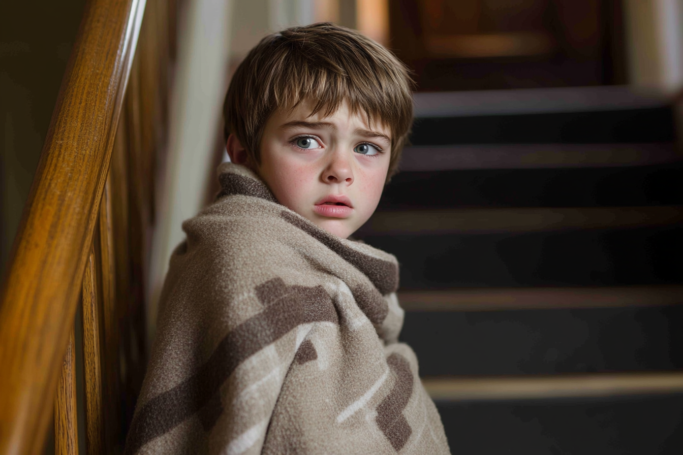 Un niño triste de pie en una escalera | Fuente: Midjourney