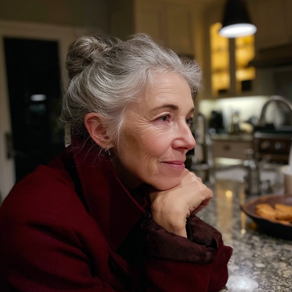 Una mujer mayor sonriente sentada a la mesa de la cocina | Fuente: Midjourney