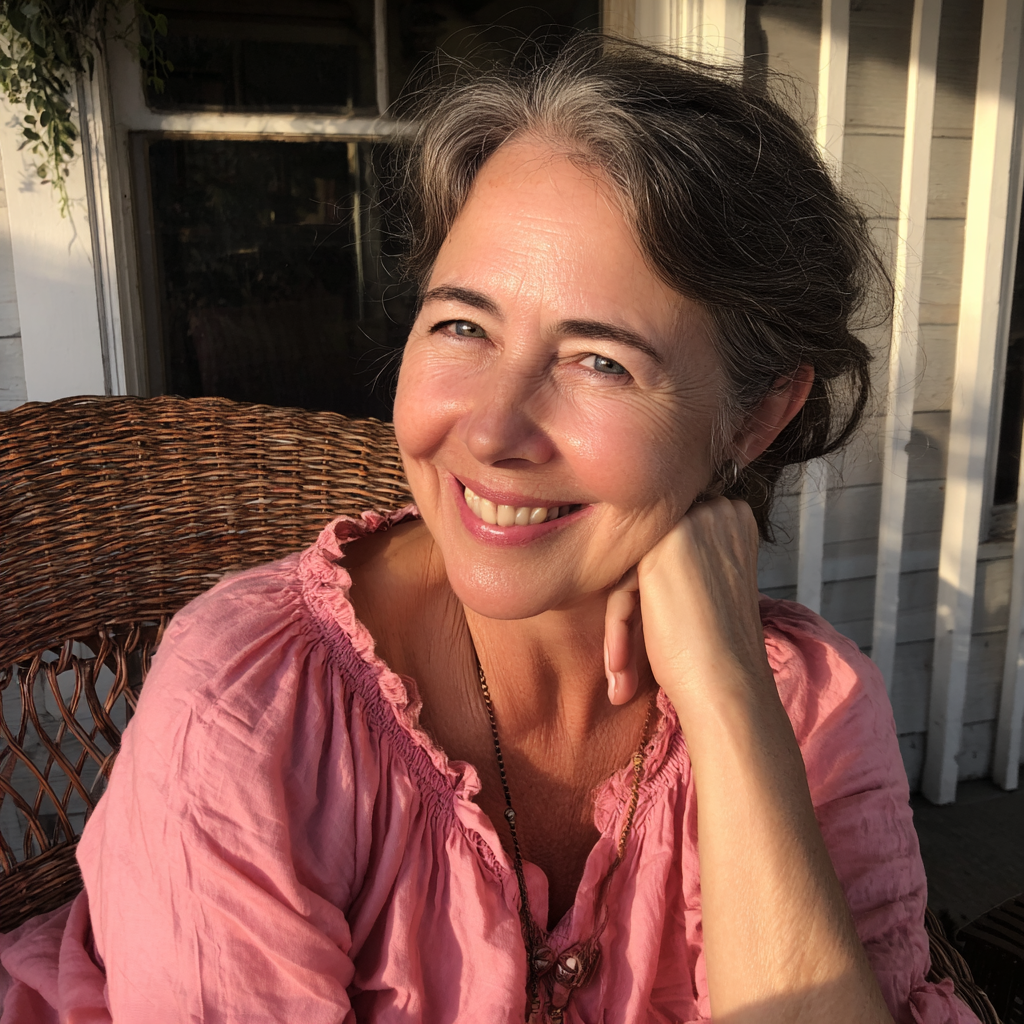 Una mujer mayor sonriente sentada en un porche | Fuente: Midjourney