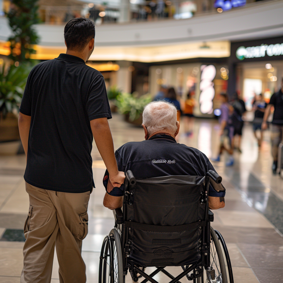 Vista posterior de un camarero de restaurante junto a un anciano con discapacidad en un centro comercial. | Fuente: Midjourney