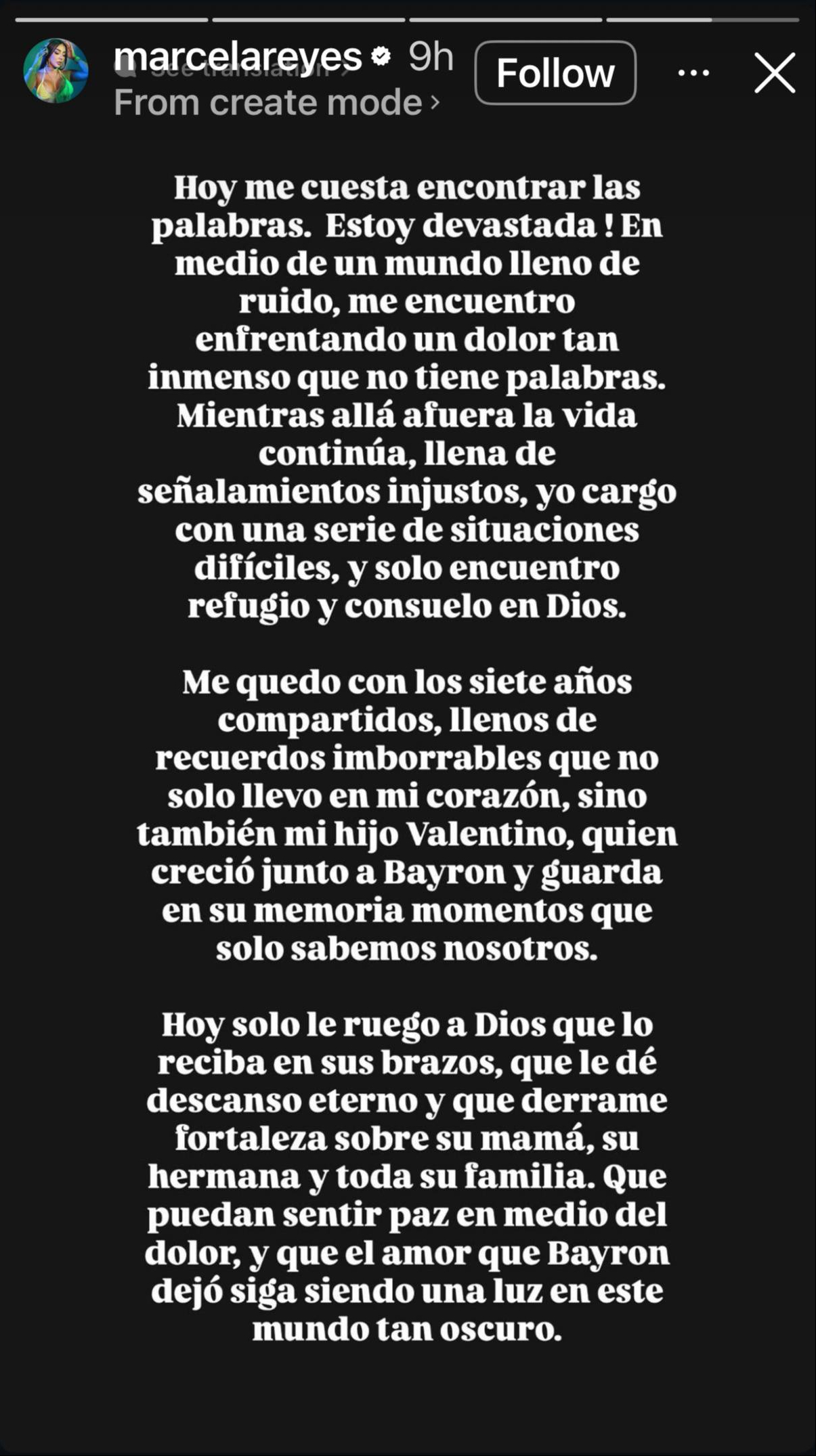 Historia de Instagram de Marcela Reyes, exesposa de B King en el que expresó su dolor tras la muerte de su expareja Bayron Sánchez | Fuente: Instagram Stories/marcelareyes