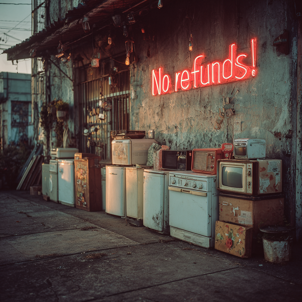 Una tienda de segunda mano con un cartel | Fuente: Midjourney