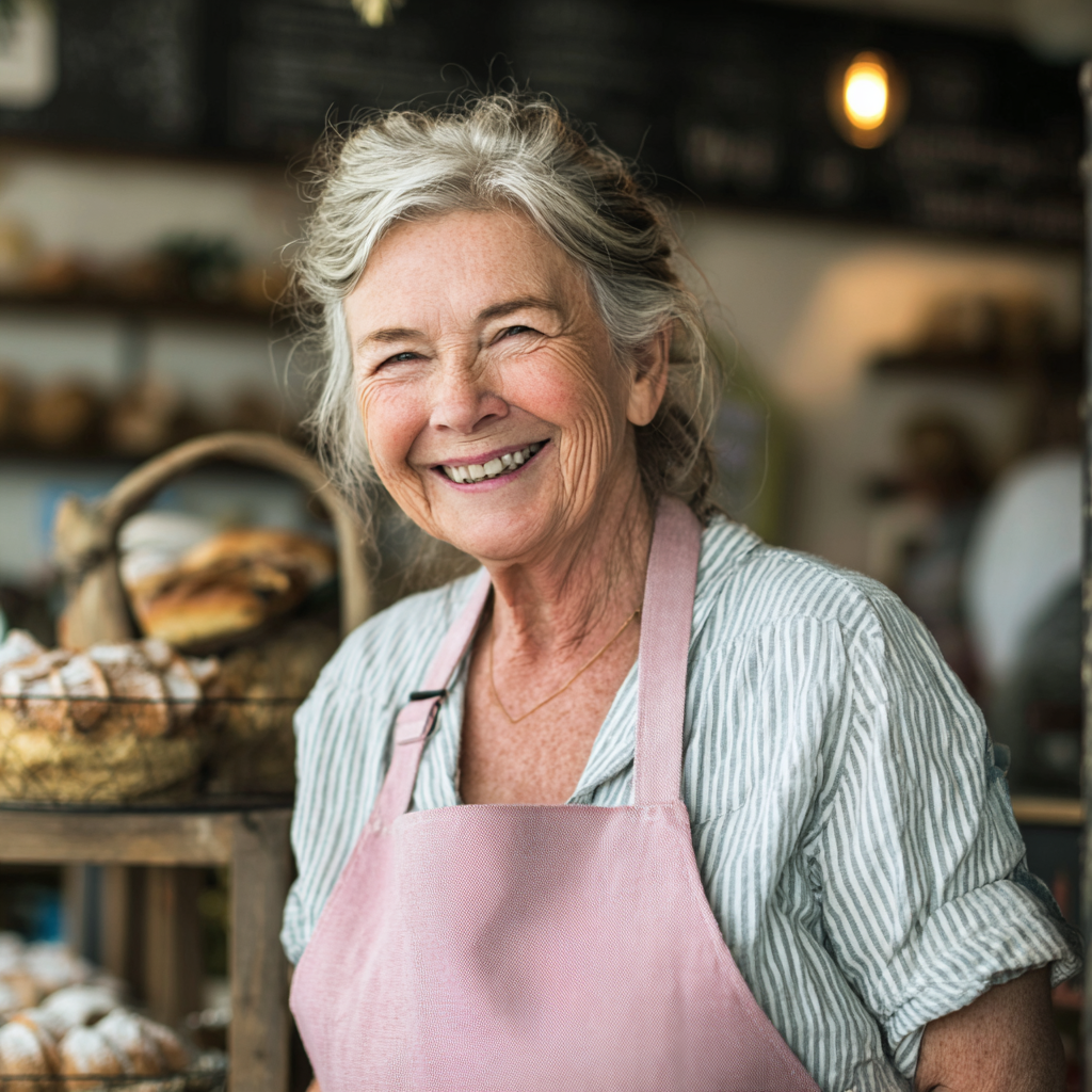Una abuela sonriente en una panadería | Fuente: Midjourney