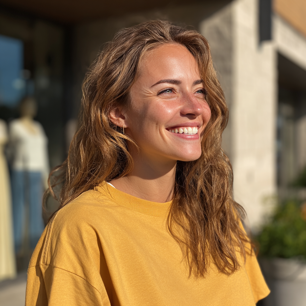 Una mujer sonriente en el exterior | Fuente: Midjourney