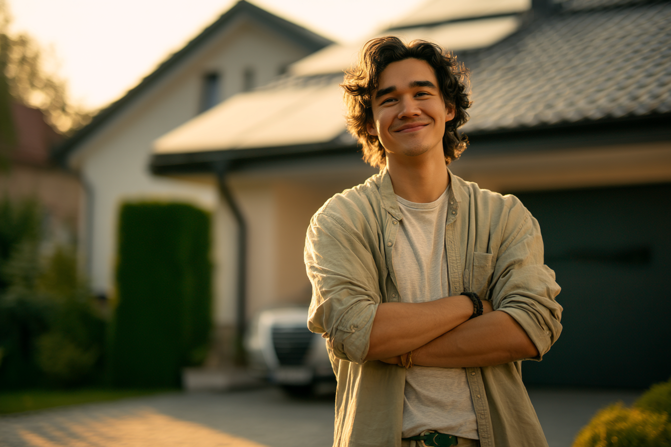 Un hombre frente a su casa | Fuente: Midjourney