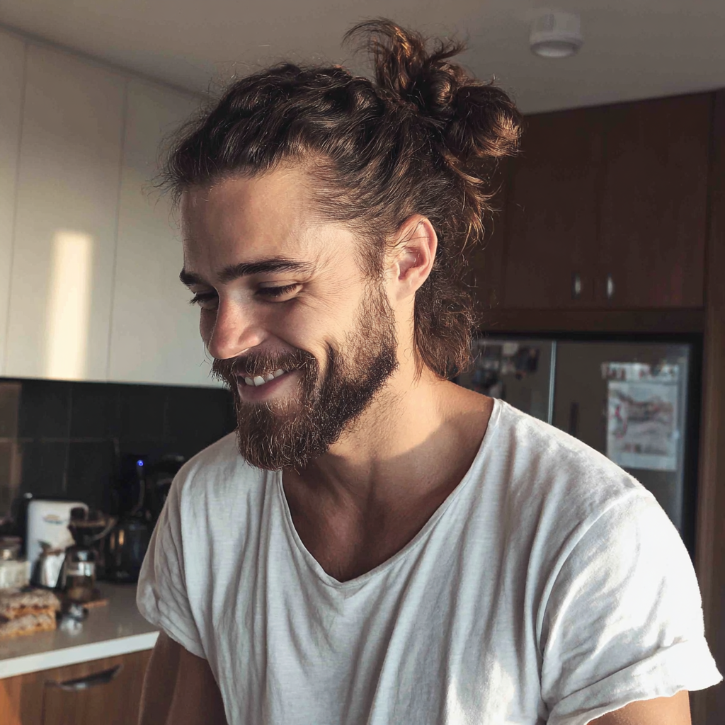 Un hombre sonriente de pie en una cocina | Fuente: Midjourney