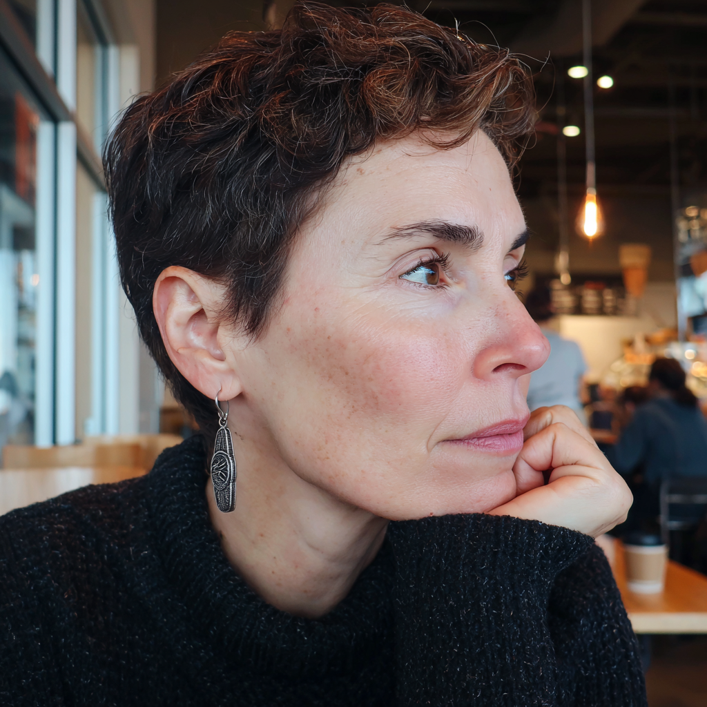 Una mujer sentada en una cafetería | Fuente: Midjourney