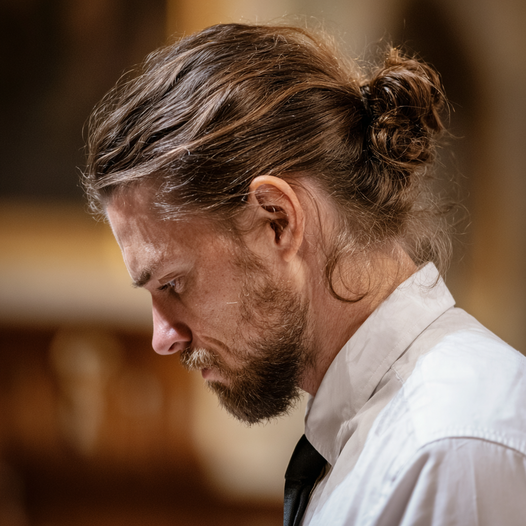 Un hombre con corbata de pie en una iglesia | Fuente: Midjourney