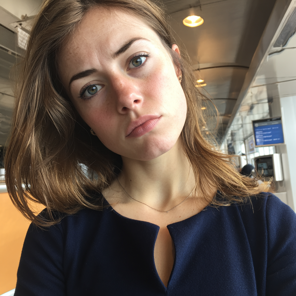 Primer plano de una mujer alterada en un aeropuerto | Fuente: Midjourney