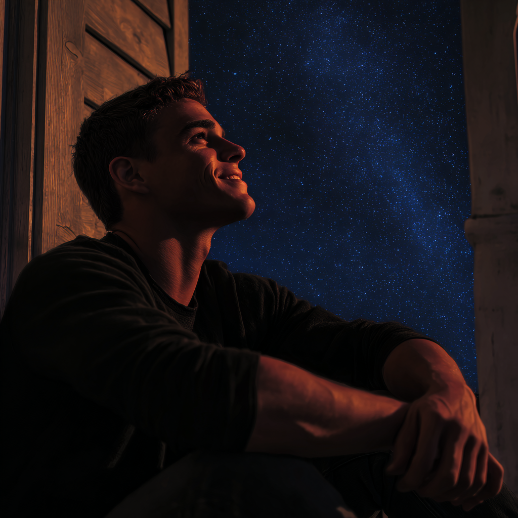 Un joven observa el cielo nocturno con asombro y alegría | Fuente: Midjourney