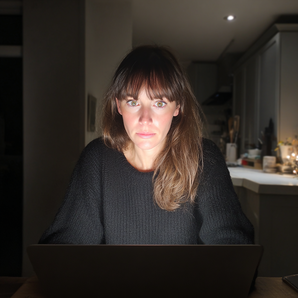 Una mujer conmocionada utilizando un ordenador portátil | Fuente: Midjourney