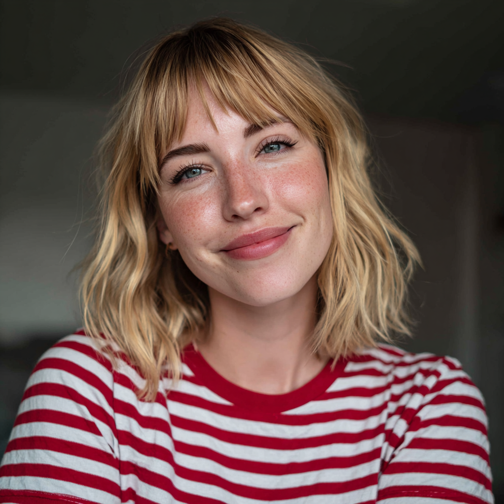Una mujer sonriente con una camiseta a rayas | Fuente: Midjourney
