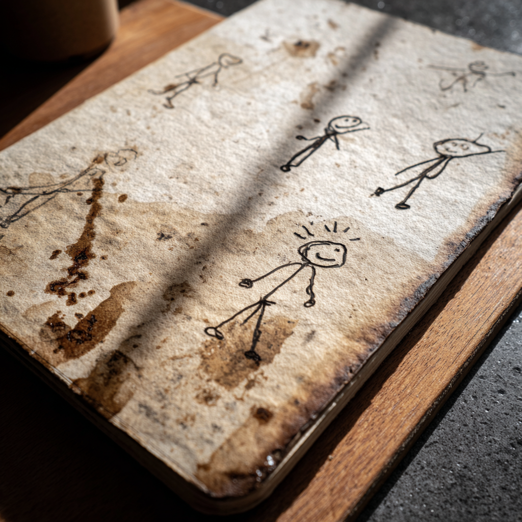 Un cuaderno con dibujos de figuras de palitos y páginas manchadas de vino | Fuente: Midjourney