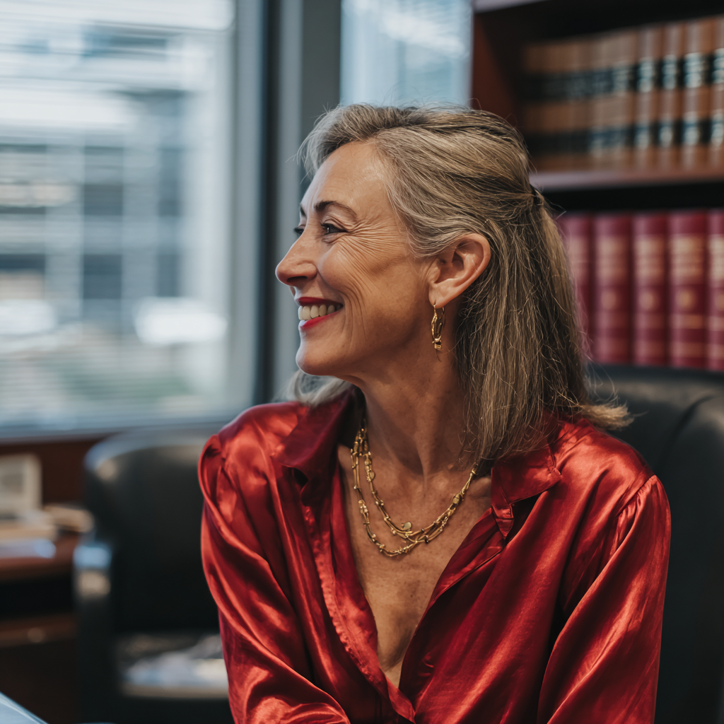 Una mujer divertida con una blusa roja | Fuente: Midjourney