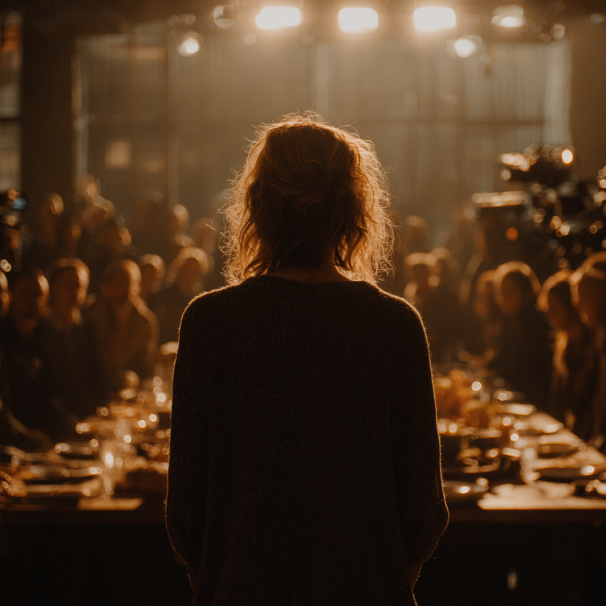 Una mujer de pie al frente de una mesa | Fuente: Midjourney