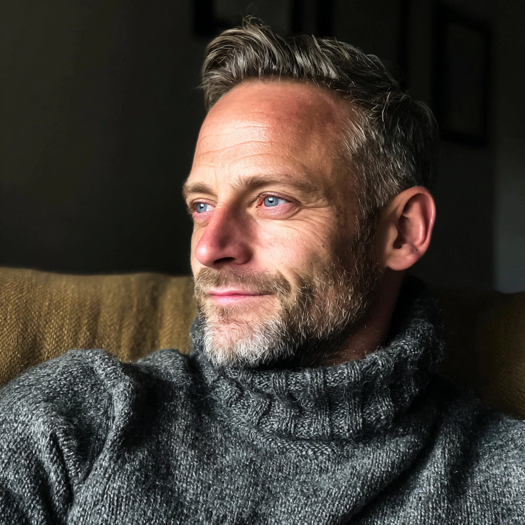Un hombre sonriente sentado en un sofá | Fuente: Midjourney