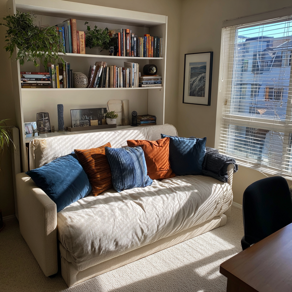Un sofá extraíble en una oficina en casa | Fuente: Midjourney