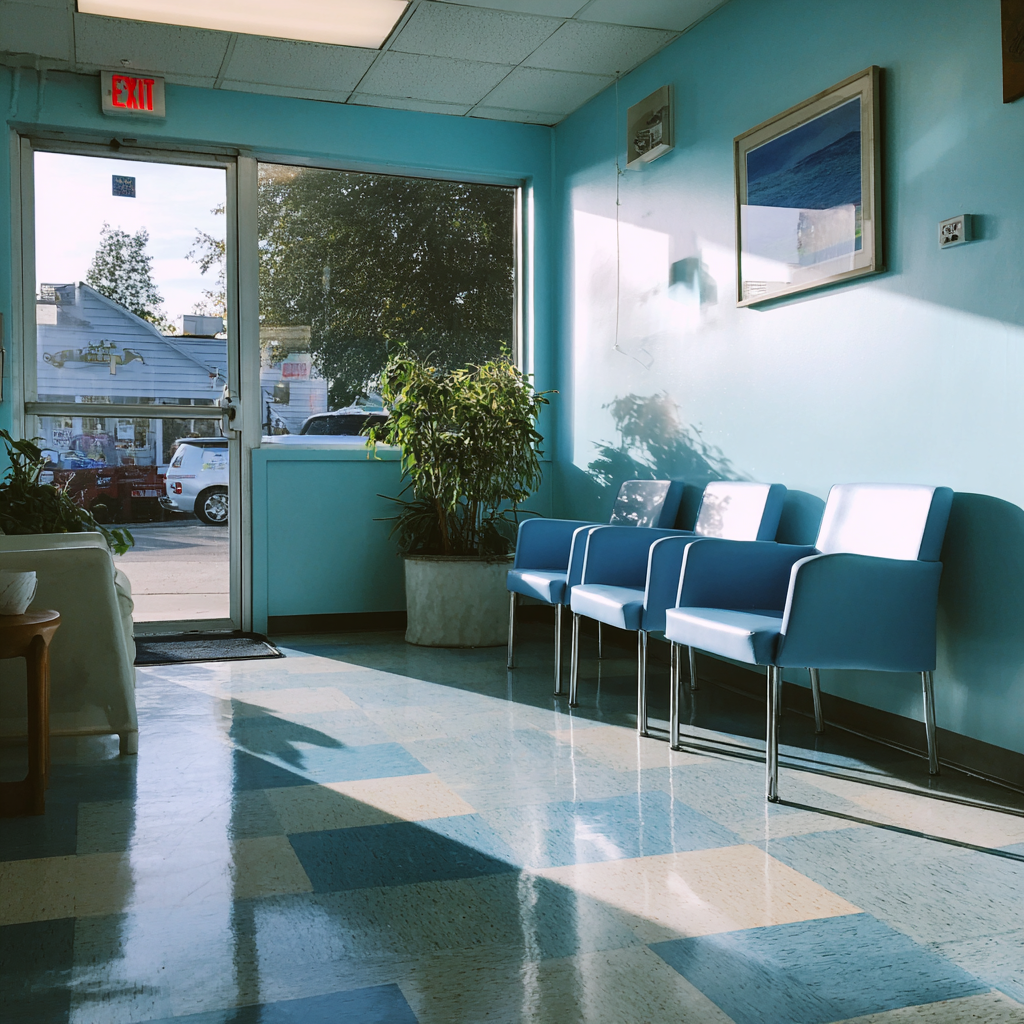 Interior de la sala de espera de una clínica veterinaria | Fuente: Midjourney