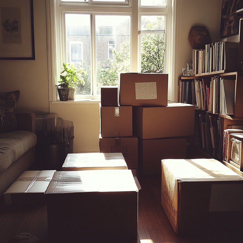 Cajas de cartón en un salón | Fuente: Midjourney