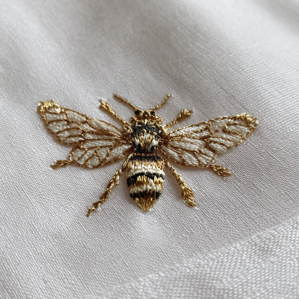 Primer plano de una abeja bordada | Fuente: Midjourney