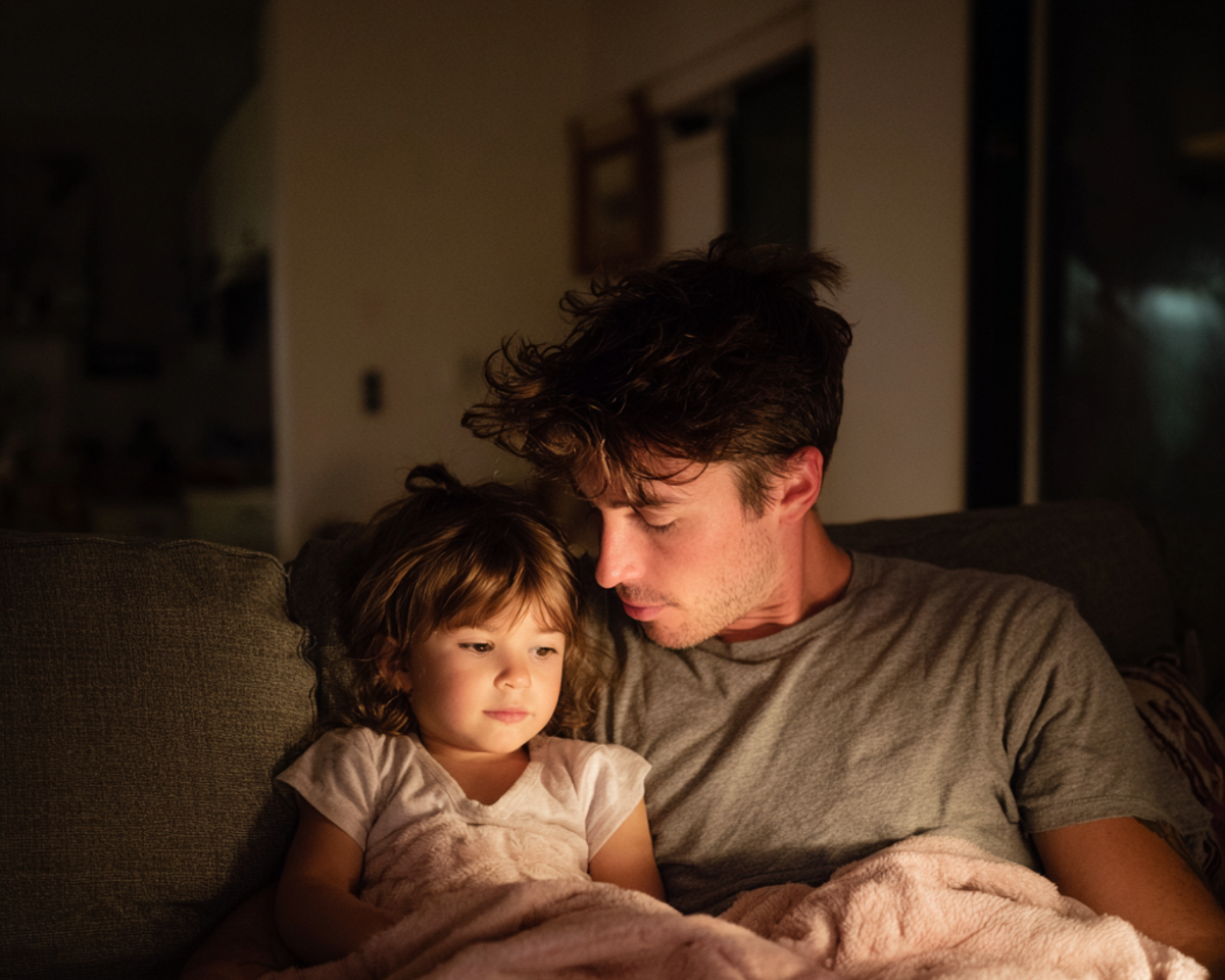 Un hombre sentado en un sofá con su hija | Fuente: Midjourney