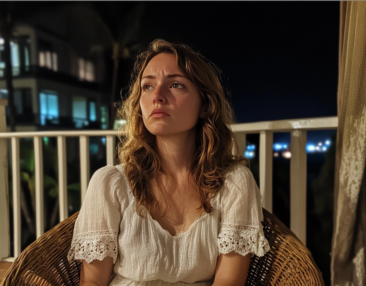 Primer plano de una mujer emocional con un vestido blanco | Fuente: Midjourney