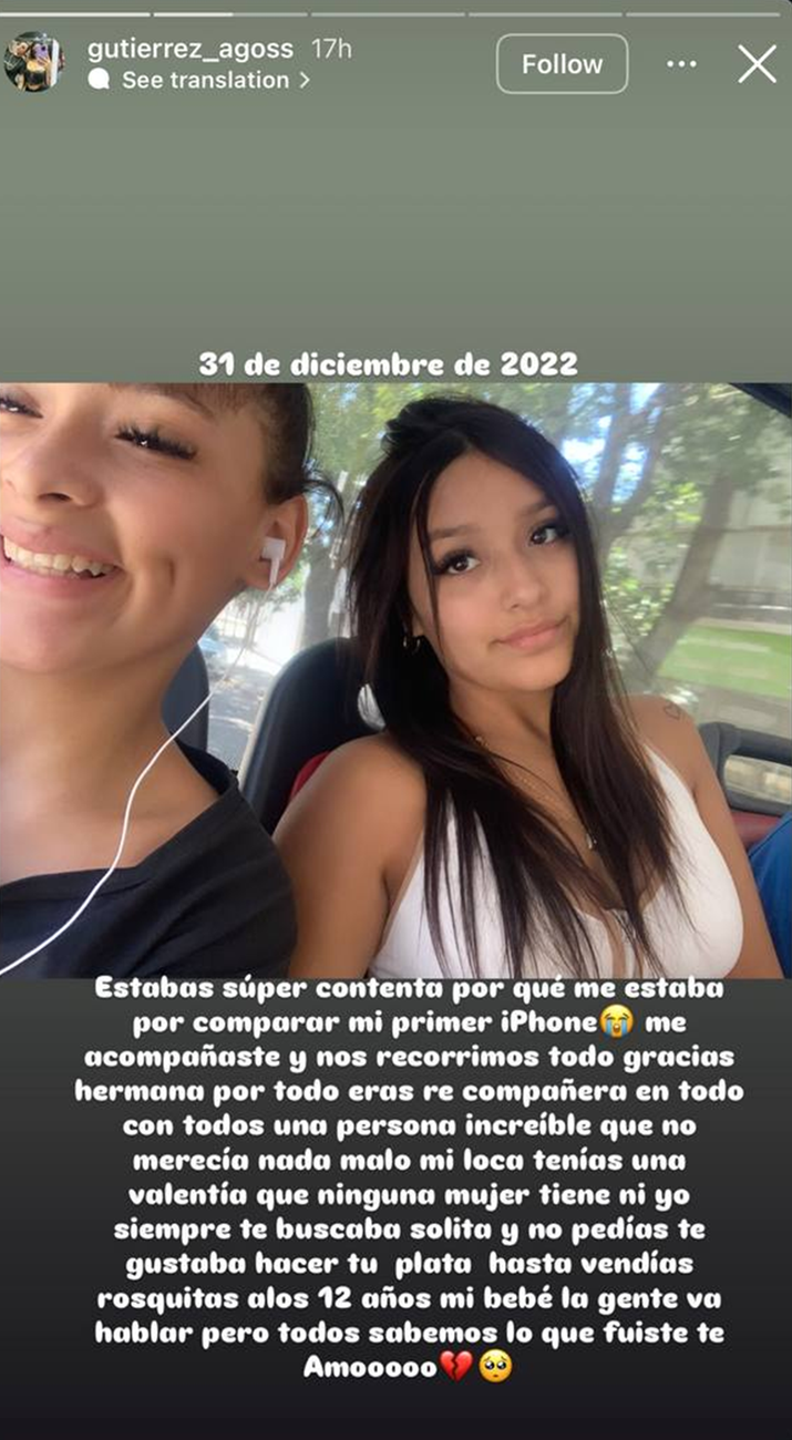 Mensaje compartido por un familiar en redes sociales sobre Lara Gutiérrez, una de las chicas asesinadas | Fuente: Instagram Stories/gutierrez_agoss