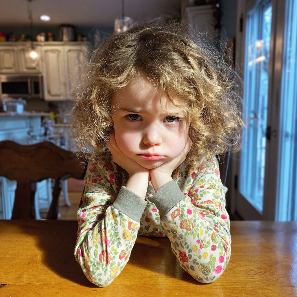 Una niña triste con el pelo rizado | Fuente: Midjourney