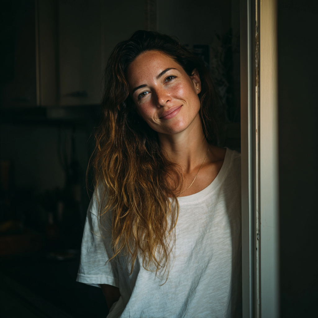 Una mujer sonriente junto a la puerta | Fuente: Midjourney