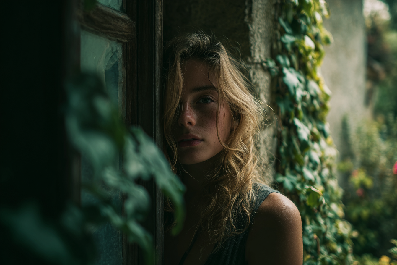 Una mujer de pie contra una pared junto a una ventana | Fuente: Midjourney