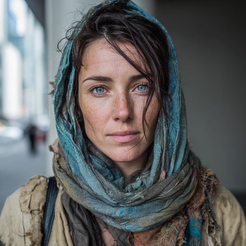 Primer plano de una mujer con pañuelo en la cabeza | Fuente: Midjourney
