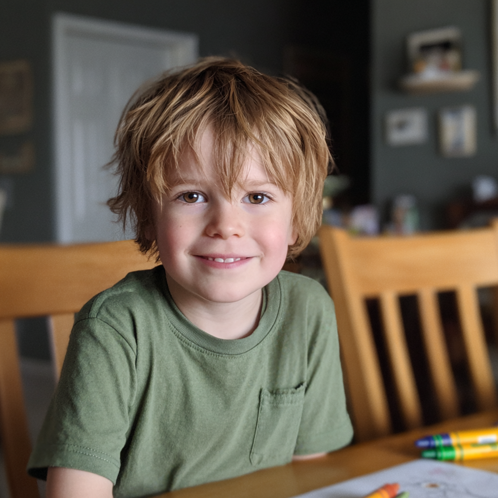 Un niño feliz sentado en una mesa con lápices de colores | Fuente: Midjourney