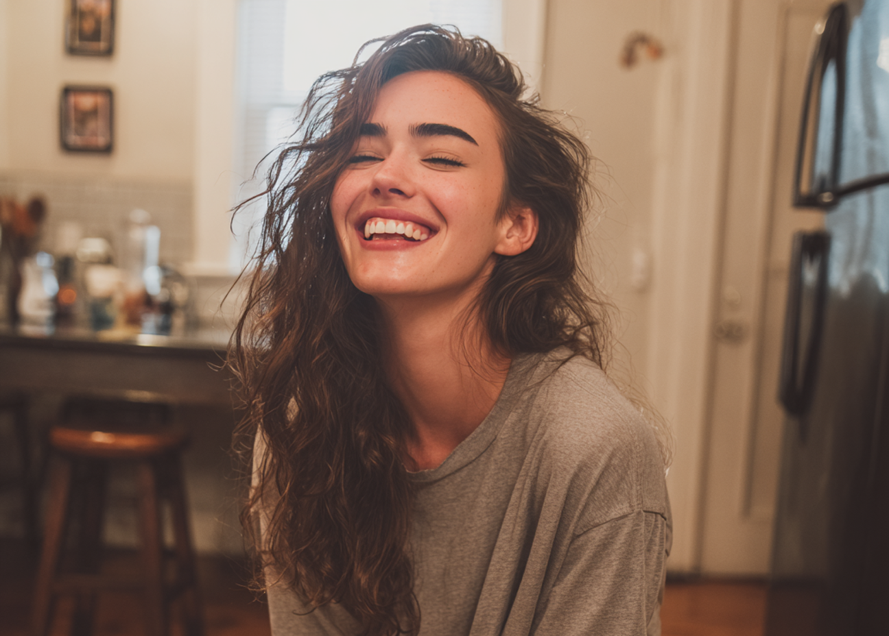 Primer plano de una mujer riendo | Fuente: Midjourney