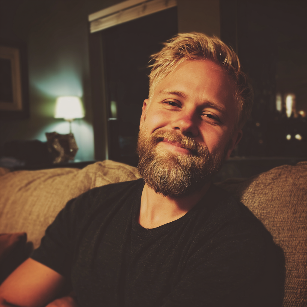 Un hombre sonriente sentado en un sofá | Fuente: Midjourney